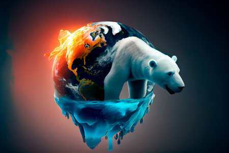Illustration of a sad polar bear in a destroyed planet earth by climate change. Global warming concept. AI generatedの素材
