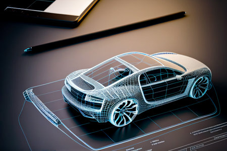 Car design using holographic app on digital tablet. Develop modern innovative high-tech eco-friendly electric car with sustainable standards. AI generatedの素材