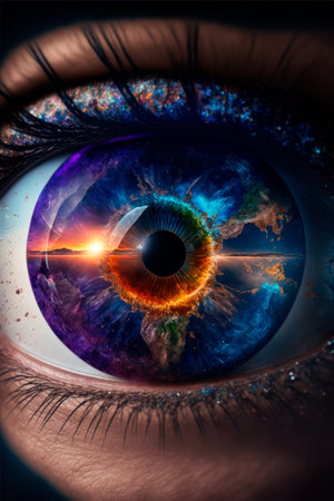 Closeup eye reflection planet earth with amazing sunset. Generative AIの素材
