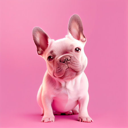 Portrait of cute french bulldog puppy lying down on a pink background. Generative by AIの素材