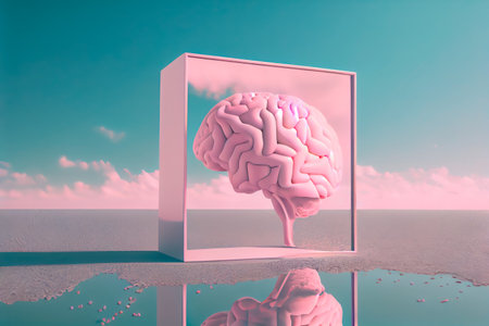 Pink brain on a mirror under a clear sky. Generative AIの素材