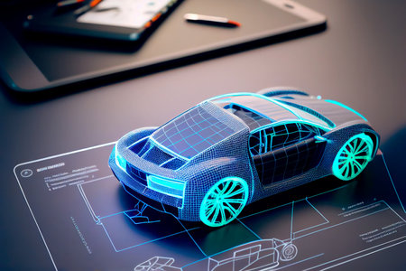 Car design using holographic app on digital tablet. Develop modern innovative high-tech eco-friendly electric car with sustainable standards. AI generatedの素材