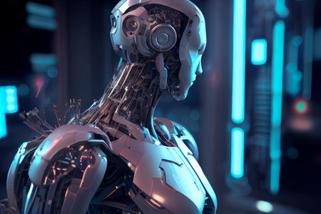 Profile of robot or humanoid cyborg with a lot of microchips in his neck working in futuristic spaceship with blue neons lights. AI generatedの素材