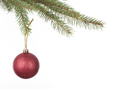 Red Christmas ball hanging from Treeの写真素材