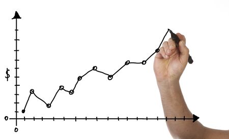 Hand is drawing a business chart, isolated on white backgroundの写真素材
