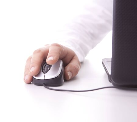 businessman clicks on computer mouse, isolated on white backgroundの写真素材