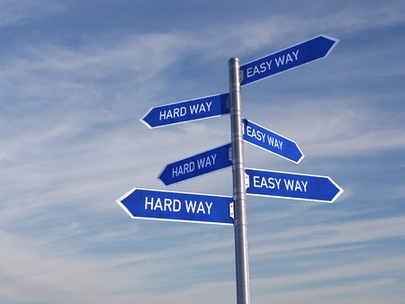 Blue Road Sign over cloudy Sky direct to the Hard and Easy Way