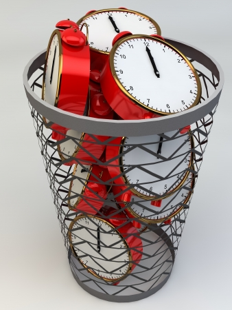Wasting time concept alarm clocks in the trash Wasting time concept alarm clocks in the trash