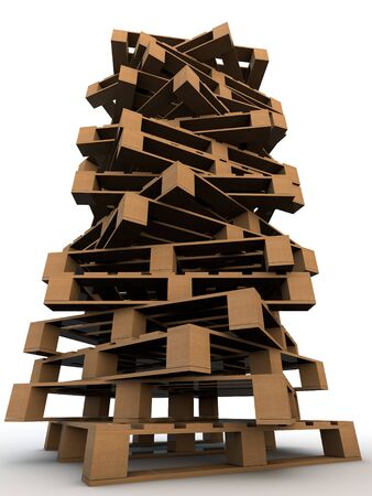 tower of wooden pallets over white backgroundの写真素材