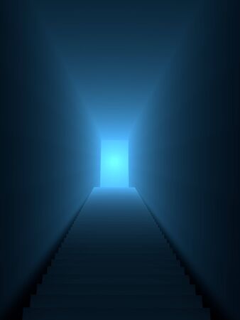 Stair lead to a blue enlighted doorの写真素材