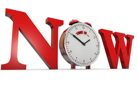Time is now red letters with clock over white background