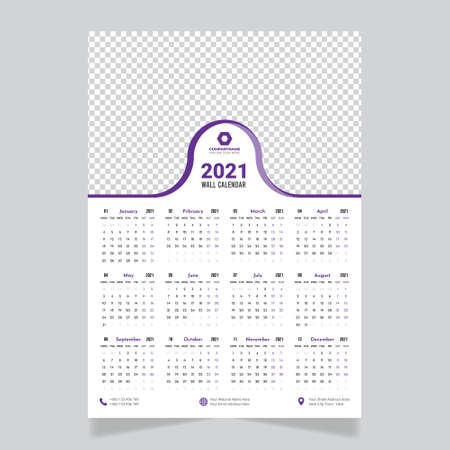One Page Wall Calendar Design 2021. Set Wall Calendar template design with week starts on Monday. 2021 new year calendar in Creativeのイラスト素材