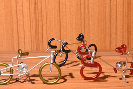 Bicycle model on wooden floorの写真素材