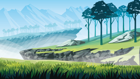 A high quality background of landscape with rocks, mountains and forest. Background of a mountain landscape.のイラスト素材