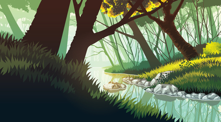 A high quality background of landscape with lake in the forest. Colorful picture for use as a background in games and web design.のイラスト素材