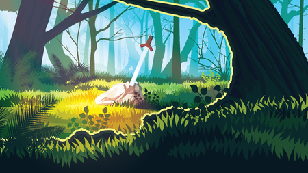 A high quality background of landscape with field, trees and stone with a sword.のイラスト素材