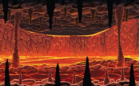A high quality horizontal seamless background of landscape - infernal hot cave with lava. Horizontal tiles. For use in developing, prototyping  adventure, side-scrolling games or apps.のイラスト素材