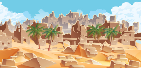 A high quality horizontal background with desert and palms. City ruins on the horizon. For use in developing, prototyping  adventure, side-scrolling games or apps.のイラスト素材