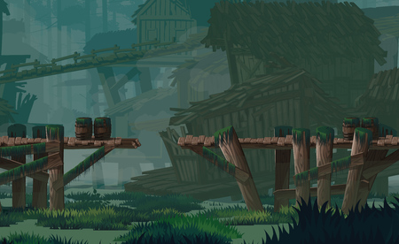 A high quality horizontal background swamp city location. Swampabandoned wooden huts, wooden bridges. For use in developing, prototyping  adventure, side-scrolling games or apps.のイラスト素材