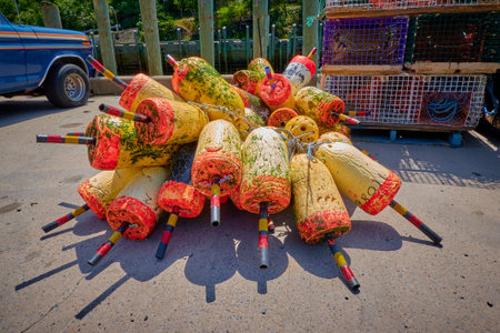 Lobster buoys on a dock at Halls Harbor, Nova Scotia Canada.