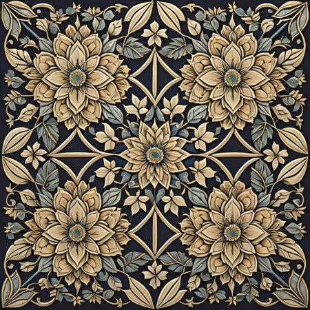 Ornate seamless texture in the form of square tiles with gold floral ornament.の素材