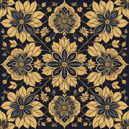 Seamless pattern with gold flowers on black background.の素材