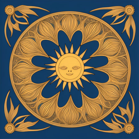 Illustration of a sun with floral pattern on a blue background.の素材