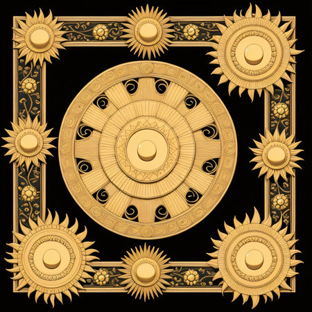 Illustration of a golden gong with decorative elements on a black backgroundの素材