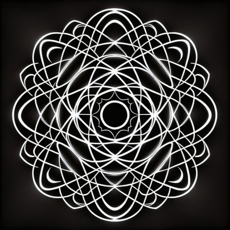 Geometric circular pattern on a black background. Ornament for your design.の素材