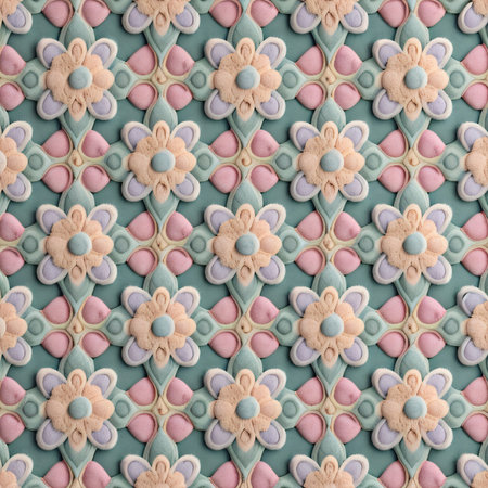 Seamless pattern with colorful macaroons and flowers on turquoise backgroundの素材