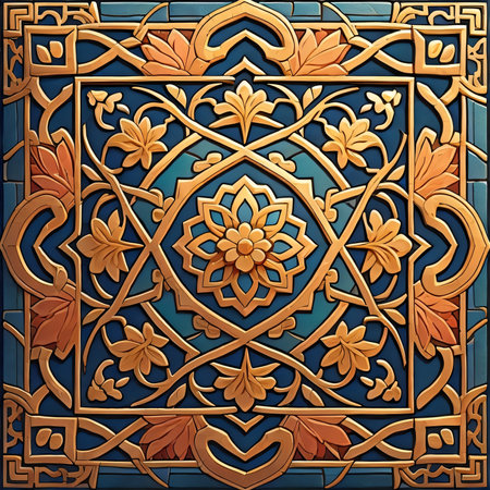 Metal pattern with floral ornament on blue background. 3d render.の素材