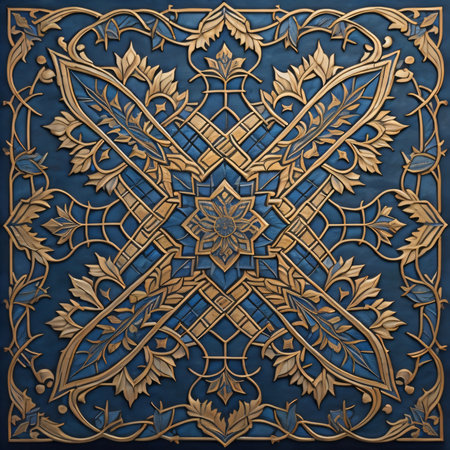 Blue background with golden pattern. 3d render. Computer digital drawing.の素材