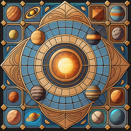 Vector illustration of a stained glass window with planets and solar system.の素材