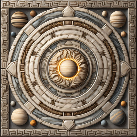 3D rendering of a fantasy stone background with a lot of planetsの素材