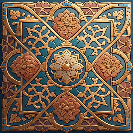 Gold ornamental pattern on blue background. Stained-glass window.の素材