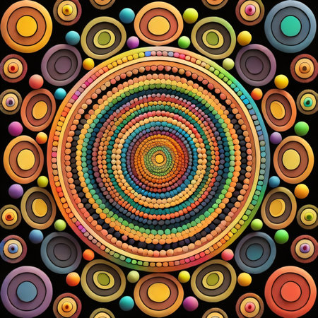 Colorful circles on black background. Psychedelic colorful circles pattern.の素材
