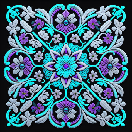 Illustration of a decorative floral ornament on a black background - digitally renderedの素材