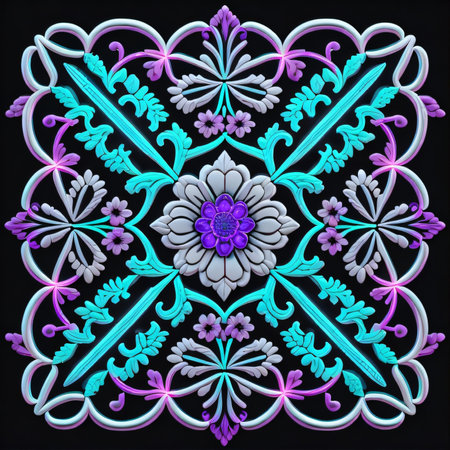 Colorful ornamental pattern on black background. Computer-generated graphics.の素材