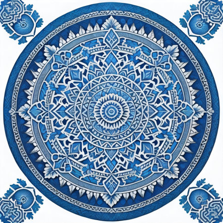 Blue mandala pattern on a white background. Ethnic decorative elements.の素材