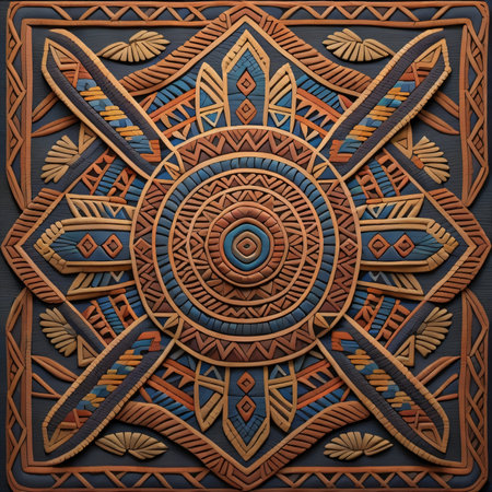 3D illustration of embossed geometric ornament on a wooden backgroundの素材