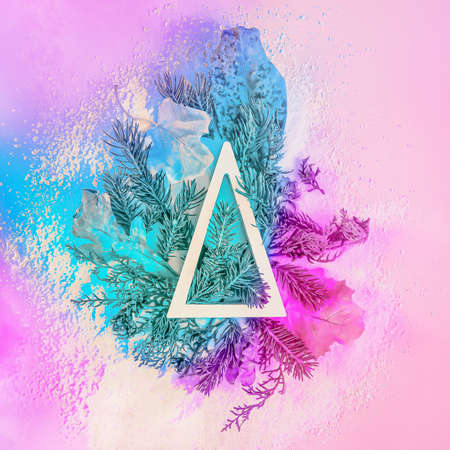 Neon artistic Christmas concept. Raw fresh and dry leaves and pine cone branches with triangle and...