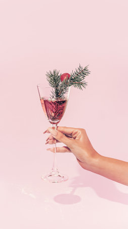 A simple New Year's concept. A bronze female hand holds a champagne glass. Pearls and sparkling drink. Christmas tree branch and red ball as decoration. Pastel pink powder background. Soft shadows.の写真素材