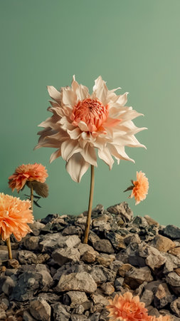 Abstract flower concept. A fairy-tale white flower that grows from decorative stones.  Pastel apricot flowers that float. Stronger color contrasts, light and dark. Interesting textures and shadows.の素材