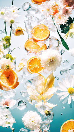 Summer exotic artistic concept.Refreshing idea. Lemon slices,ice, drops of water and white blooming flowers. Floating on water. Composition of yellow and blue colors and transparent elements. Flat lay.の素材