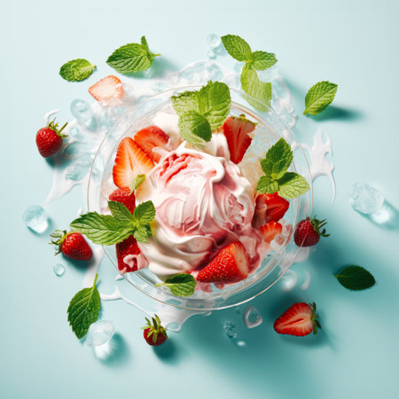 Summer exotic concept.The idea of perfectly attractive, beautiful and tasty food. Delicious colorful fruit salad with sweet cream. Fruity creamy shake with pieces of tropical fruit. Vanilla wallpaper.の素材