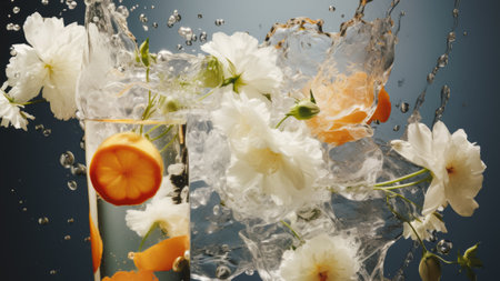 Summer exotic artistic concept.Refreshing idea. Lemon slices,ice, drops of water and white blooming flowers. Floating on water. Composition of yellow and blue colors and transparent elements.の素材