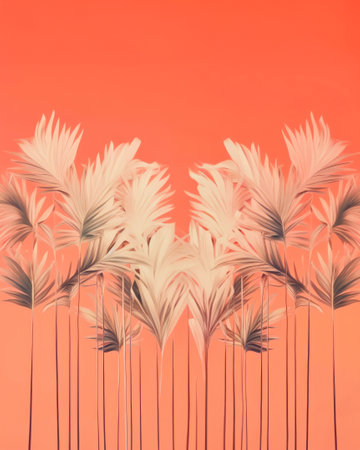 Abstract floral concept. Decorative dried flowers on a tinted coral background. Contrast of bright decorative plants and bright coral background. Aesthetic decoration. Unusual style of spiky plants.の素材