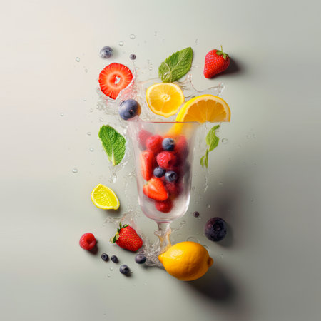 The concept of summer exoticism. The idea of perfectly attractive, beautiful and tasty food. Delicious fruit salad with juicy strawberries and ice cream Fresh mint leaves and water splash. Fresh food.の素材