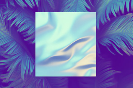 Tropical exotic concept. Blue palm leaves, neon blue ultraviolet background. Copy space is an imitation of a water surface, blue color. Sea waves. An interesting summer concept. Abstract summer idea.の素材