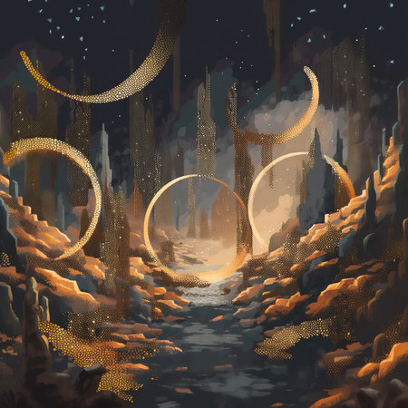 Fantasy world. Unusual idea with golden decorations, abstract concept. Scene of the city in gold near the river. Pattern on fabric. The sky with stars. Scene from a fairy tale. Fairy tale. Contrasts.の素材